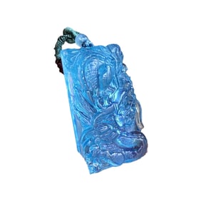 Beautiful Aquamarine Carved Fortune Dragon Pendant w Hand Woven Necklace