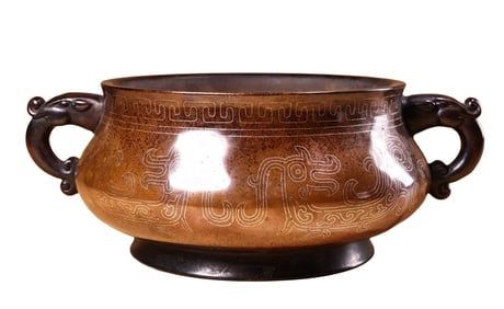 Vintage Chinese Copper Inlay Silver Wires Double Ear Incense Burner