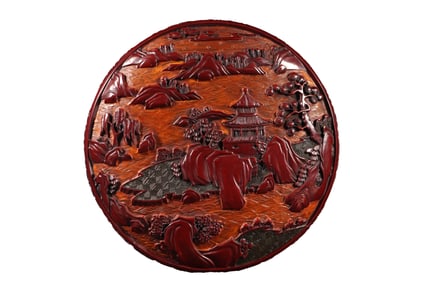 Chinese Red Lacquerware Low Relief Mountain River Scene Design Jewellery Box