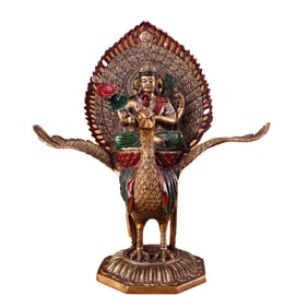 Tibetan Buddhism Colored Drawing Gilt Gold Copper Peacock Mingwang Statue