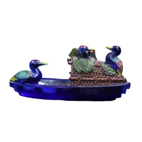 Vintage Chinese Blue Peking Glass Carved Boat & Duck Statue