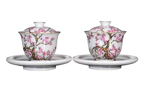 A Pair Chinese Qing Dynasty Gilt Edge Famille Rose Plum Flower Design Porcelain Teabowl w Saucer