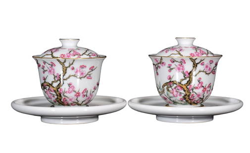A Pair Chinese Qing Dynasty Gilt Edge Famille Rose Plum Flower Design Porcelain Teabowl w Saucer: A Pair Chinese Qing Dynasty Gilt Edge Famille Rose Plum Flower Design Porcelain Teabowl w SaucerDimension: 130 x 110 (mm) 5.12 x 4.33 (inches)