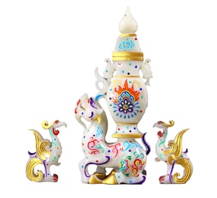 A Set Superb Chinese Colored Drawing White Hetian Jade Carved Dragon Phoenix Statue