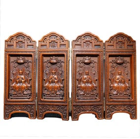 Vintage Chinese Boxwood Wood Carved Figure Screen