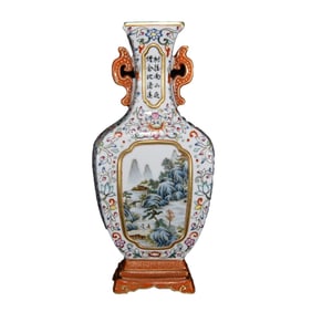 Chinese Qing Dynasty Gilt Edge Famille Rose Mountain River Scene Design Porcelain Vase