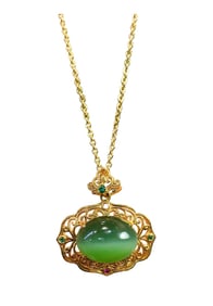 Exquisite Chinese 18K Gold Inlay Green Hetian Jade Carved Lucky Pendant