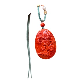 Chinese Nanhong Agate Carved Plum Flower & Magpie Pendant