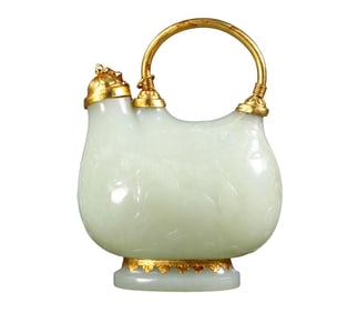 Superb Chinese White Hetian Jade Inlay Gold Edge Handle Horse Pot