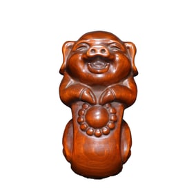 Vintage Chinese Boxwood Wood Carved Pig Statue