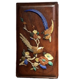 Vintage Chinese Huali Wood Inlay Shoushan Stone & Lapis Lazuli Plum Flower & Magpie Jewellery Box