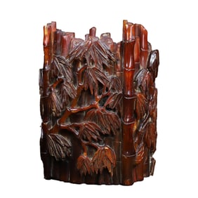 Vintage Ox Horn Carved Fortune Bamboo Brush Pot