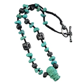 Hand Woven Turquoise Carved Skull Beads Necklace