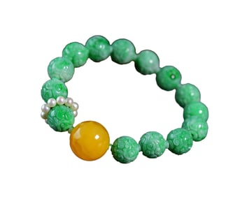 Hand Woven Exquisite Jadeite & Beeswax & Pearl Beads Bracelet