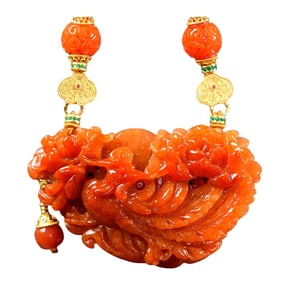 Exquisite Red Jadeite Carved Phoenix & Peony Pendant w Hand Carved Jadeite Beads Necklace