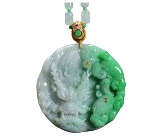Exquisite Jadeite Carved Ruyi Dragon Pendant w Hand Carved Jadeite Beads Necklace