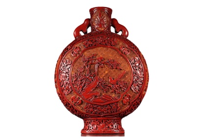 Antique Chinese Red Lacquerware Low Relief Plum Flower & Magpie Design Vase