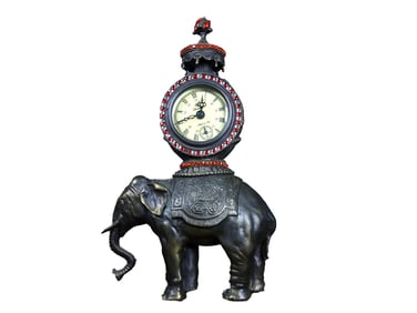 Vintage Bronze Inlay Gems Elephant Mechanical Clock
