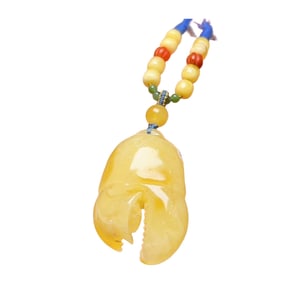 Beautiful Beeswax Carved Crab's Claws Pendant w Hand Woven Beads Necklace