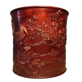 Chinese Huanghuali Wood Low Relief Flowers Bird Design Brush Pot