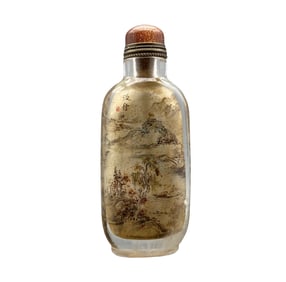 Old Chinese Crystal Inside Painting Mountain River Scene Design Snuff Bottle w Stopper