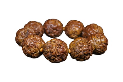 Hand Woven Vintage Olive Nut Carved Fortune Pixiu Beads Bracelet