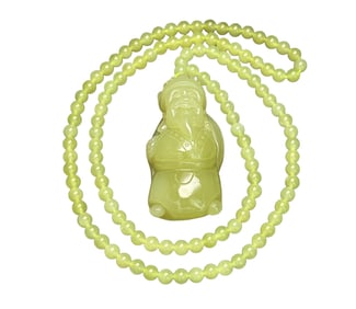 Chinese Hetian Jade Carved Fortune Taoism Deity Pendant w Hand Woven Beads Necklace