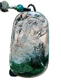 Beautiful Green Crystal Carved Fortune Dragon Pednant w Hand Woven Necklace