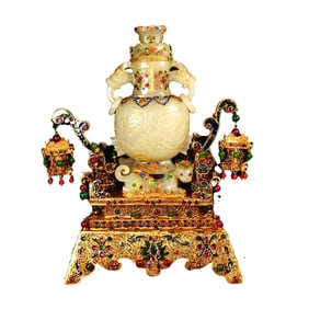 Superb Chinese Hetian Jade Carved Double Ring Dragon Vase w Gold Wires Enamel Inlay Gem Base
