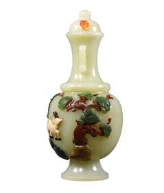 Superb Chinese Hetian Jade High Relief Pine Tree & Deer & Crane Vase