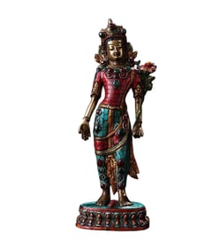 Tibetan Buddhism Gilt Gold Copper Inlay Turquoise & Gems Tara Statue