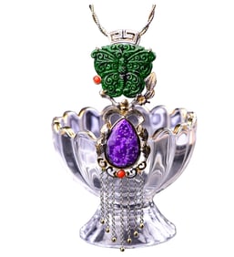Exquisite 18K Gold Inlay Green Jadeite Carved Butterfly Pendant