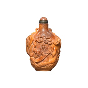 Vintage Deer Horn Carved Pine Tree & Figure Snuff Bottle