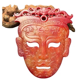 Superb Old Chinese Hetian Jade Carved Mask Jade bi Statue