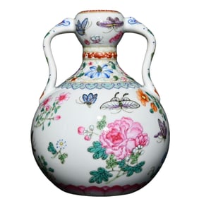 Chinese Qing Dynasty Gilt Edge Famille Rose Flowers Butterfly Design Porcelain Vase