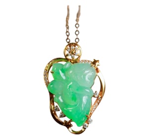 Exquisite 18K Gold Inlay Green Jadeite Carved Angel Pendant