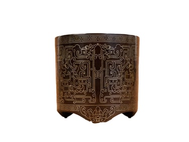 Vintage Chinese Copper Inlay Silver Wires Brush Pot