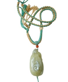 Chinese Natural Hetian Jade Carved Ruyi Corn Pendant w Hand Woven Necklace