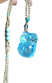 Beautiful Natural Aquamarine Carved Fortune Pixiu Pendant w Hand Woven Beads Necklace
