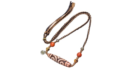 Old Tibetan Three Eye DZI Agate Lucky Pendant w Hand Woven Necklace
