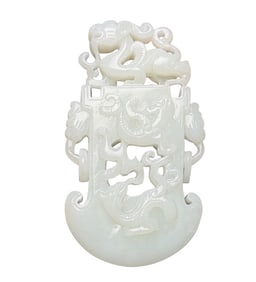 Superb Chinese Hetian Jade Carved Dragon & Axe Pendant