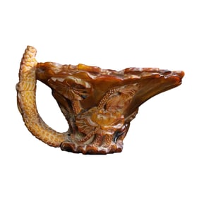 Vintage Ox Horn Carved Lotus Leaf & Lotus Flower Cup