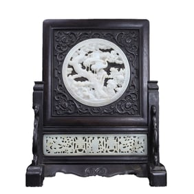 Vintage Chinese Zitan Wood Inlay White Hetian Jade Carved Pine Tree & Crane Screen