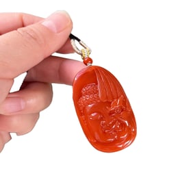 Chinese Nanhong Agate Carved Buddha Pendant w Hand Woven Necklace