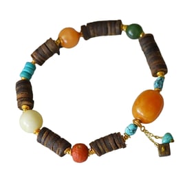 Hand Woven Chenxiang Wood & Beeswax & Turquoise Beads Bracelet