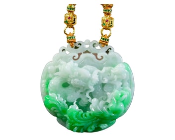 Exquisite Jadeite Carved Dragon Phoenix Pendant w Hand Carved Jadeite Beads Necklace