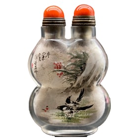 Chinese Peking Glass Inside Painting Flower Bird Design Conjoined Snuff Bottle