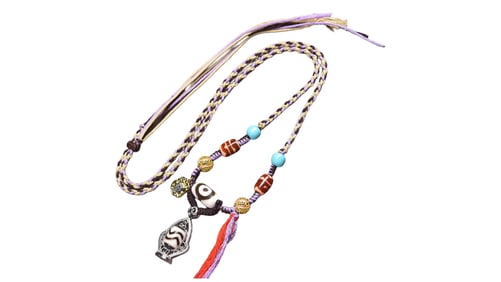 Hand Woven Tibetan DZI Agate Lucky Pendant w Beads Necklace