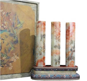 A Set Three Vintage Chinese Shoushan Stone Carved Pine Tree & Figure Seal