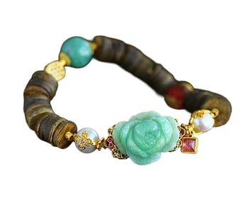 Hand Woven Chenxiang Wood & Jadeite & Pearl & Tourmaline Beads Bracelet